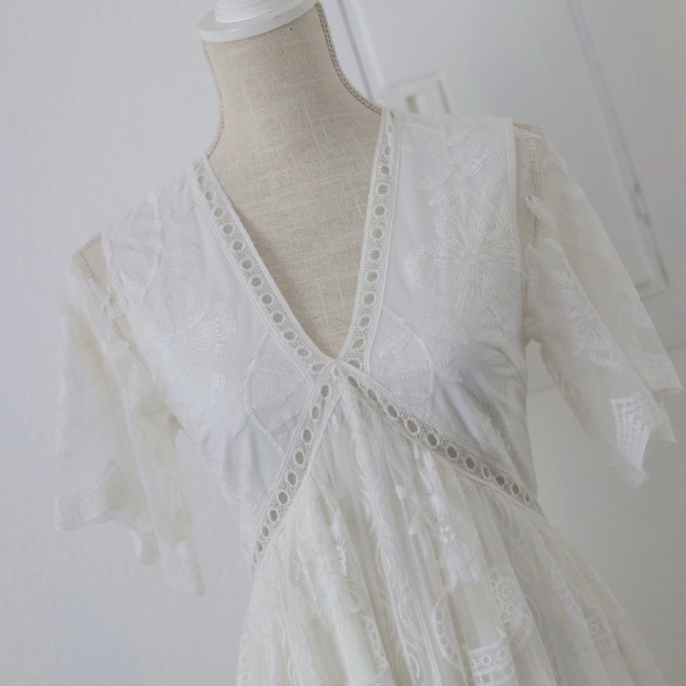 PinkBlush Cream Lace Mesh Overlay Maternity Maxi Dress